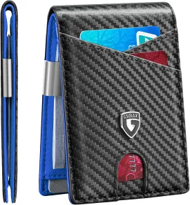 GSOIAX Slim Leather RFID Bifold Wallet for Men Minimalist Front Pocket Wallet with Money Clip,12 Card Slots,ID Window,Cool Groove Design,Includes Gift Box(Carbon blue)