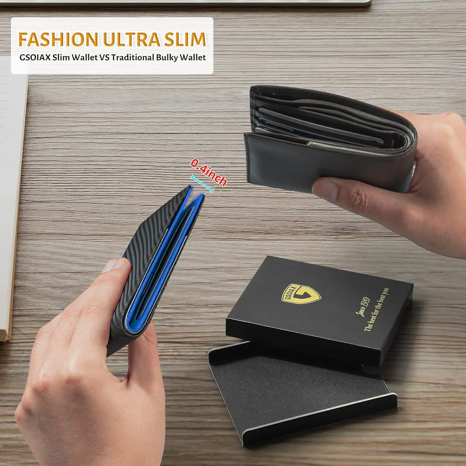 GSOIAX Slim Leather RFID Bifold Wallet for Men Minimalist Front Pocket Wallet with Money Clip,12 Card Slots,ID Window,Cool Groove Design,Includes Gift Box(Carbon blue)