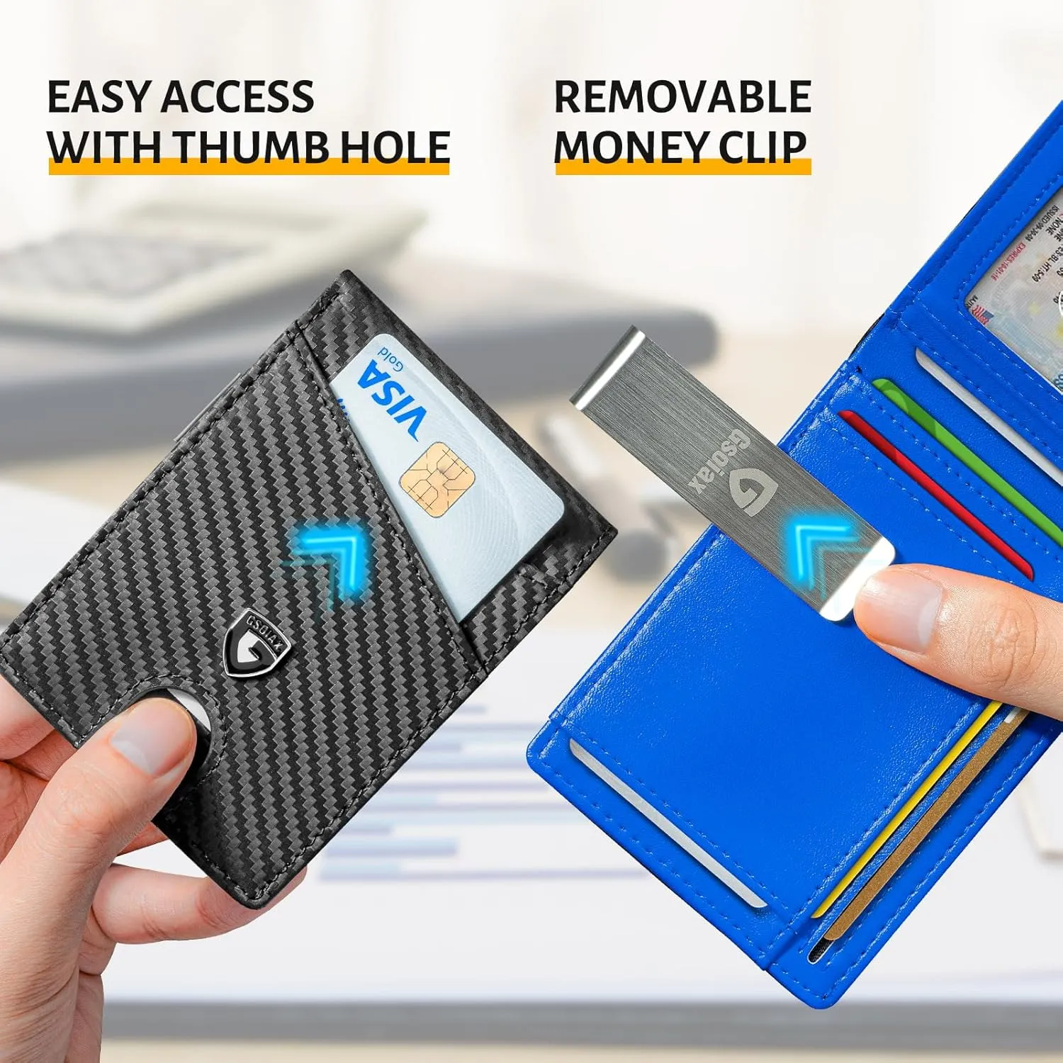 GSOIAX Slim Leather RFID Bifold Wallet for Men Minimalist Front Pocket Wallet with Money Clip,12 Card Slots,ID Window,Cool Groove Design,Includes Gift Box(Carbon blue)