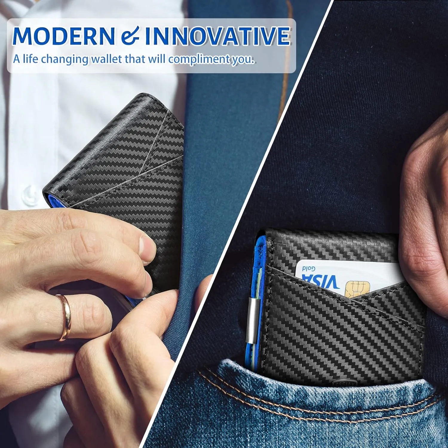 GSOIAX Slim Leather RFID Bifold Wallet for Men Minimalist Front Pocket Wallet with Money Clip,12 Card Slots,ID Window,Cool Groove Design,Includes Gift Box(Carbon blue)