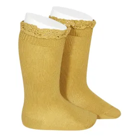 KNEE SOCKS WITH LACE EDGING CUFF SOCKS,Mustard 2.409/2 629