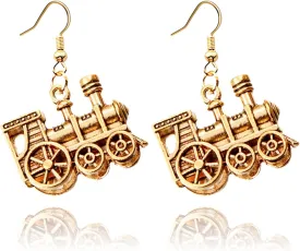 MALOYANVE Train Earrings Unique Funny Antiqued Gold Silver Punk Vintage 3D Steam Train Dangle Drop Traffic Earrings Train Lover Jewelry Gifts for Women