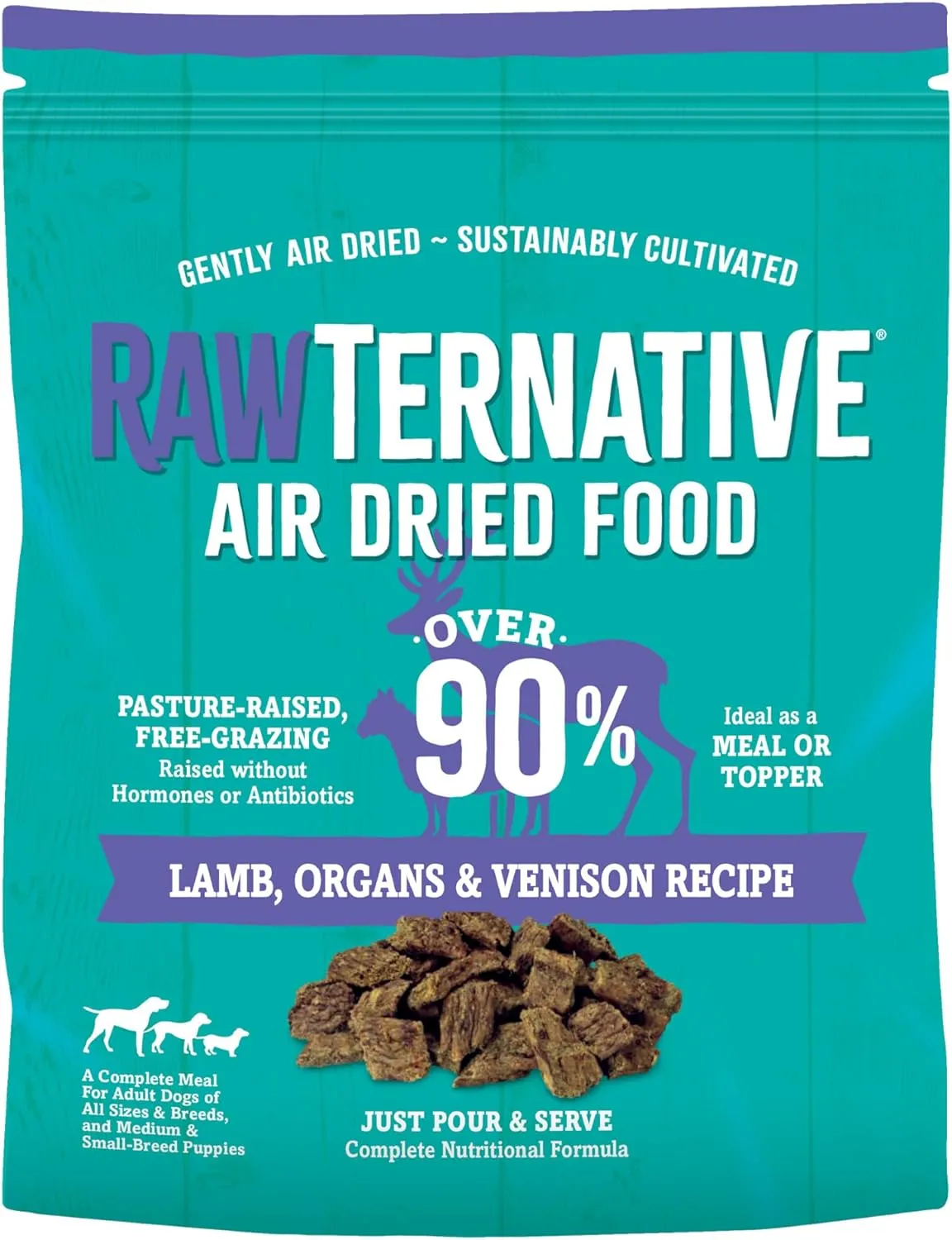 RawTernative Air Dried Dog Food, High Protein, Over 90% Real Lamb, Organs, & Venison   New Zealand Green Mussels, Complete Meal or Topper, Grain Free, Gluten Free, Non GMO, (1 lb Bag)