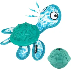 Squeaky Turtle Dog Toy, Treat Dispensing Rubber Ball, Bite Resistant Plush Chew Toy, Interactive Tug & Fetch Enrichment Toy for Medium & Small Breeds, Safe & Engaging for Puppies (Green)