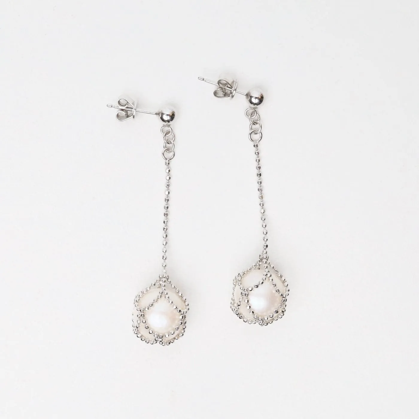Sterling Long Chain with Captured Pearl Drop Earrings