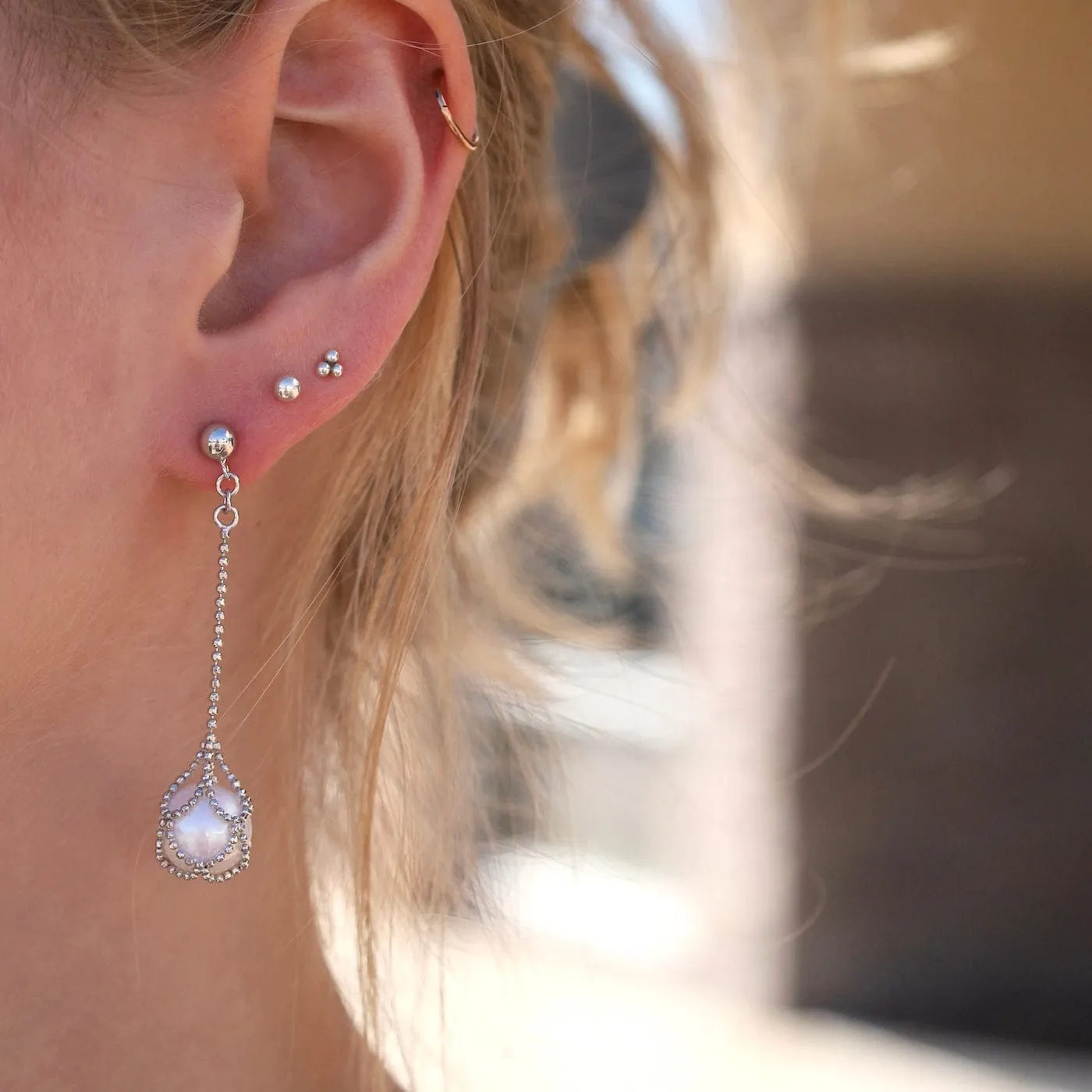 Sterling Long Chain with Captured Pearl Drop Earrings