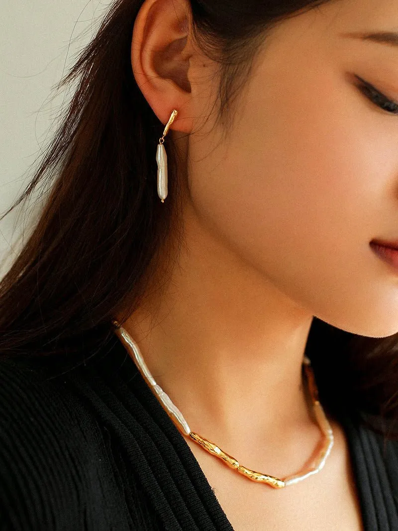 Streamer Toothpick Baroque Pearl Earrings