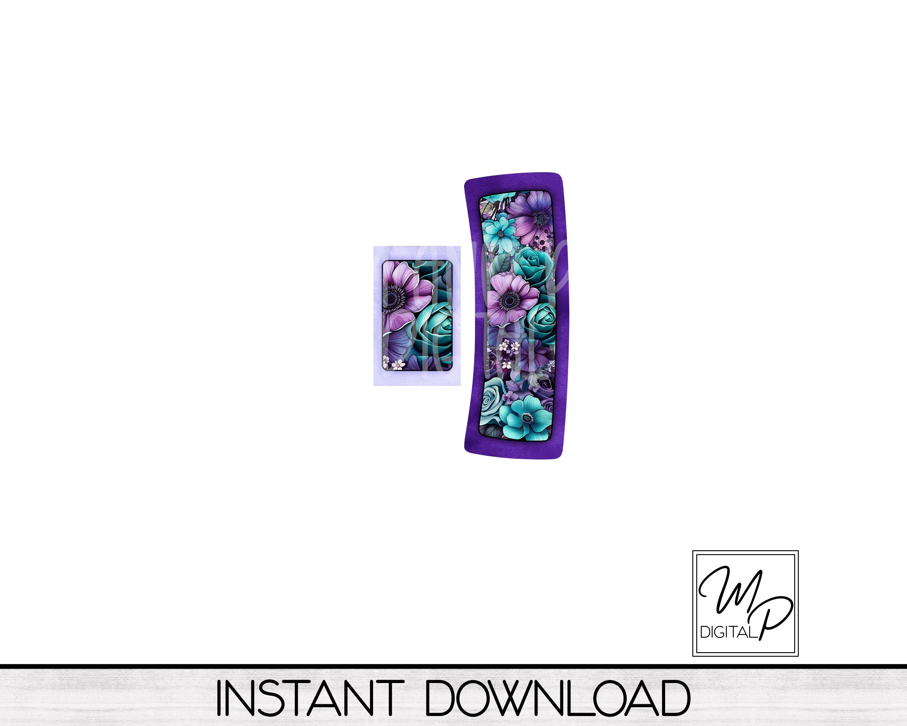 Teal and Purple Floral Hair Clip PNG Sublimation Design, Digital Download
