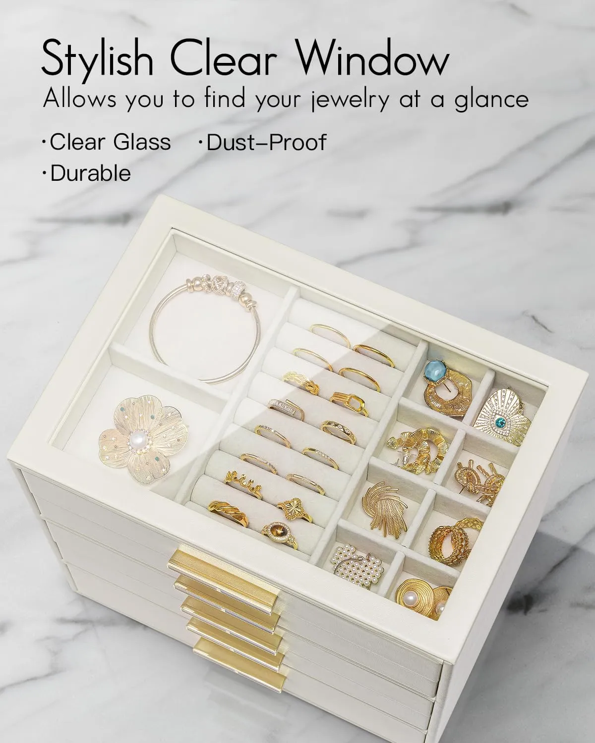 Vlando 5 Layer Jewelry Box for Women, Glass Lid Jewelry Organizer with 5 Drawers for Necklaces Rings Earrings Bracelets - Cloud White