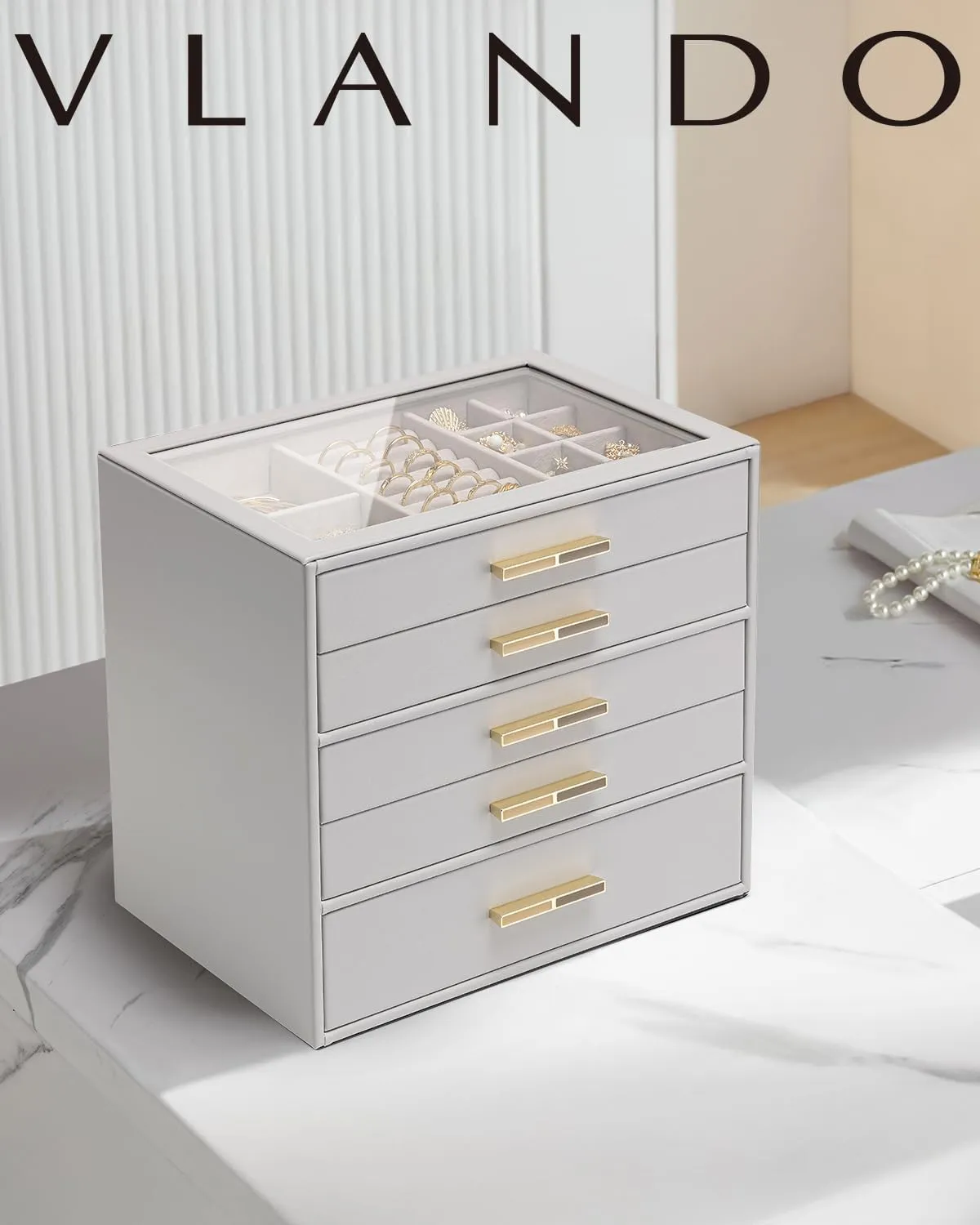 Vlando 5 Layer Jewelry Box for Women, Glass Lid Jewelry Organizer with 5 Drawers for Necklaces Rings Earrings Bracelets - Grey