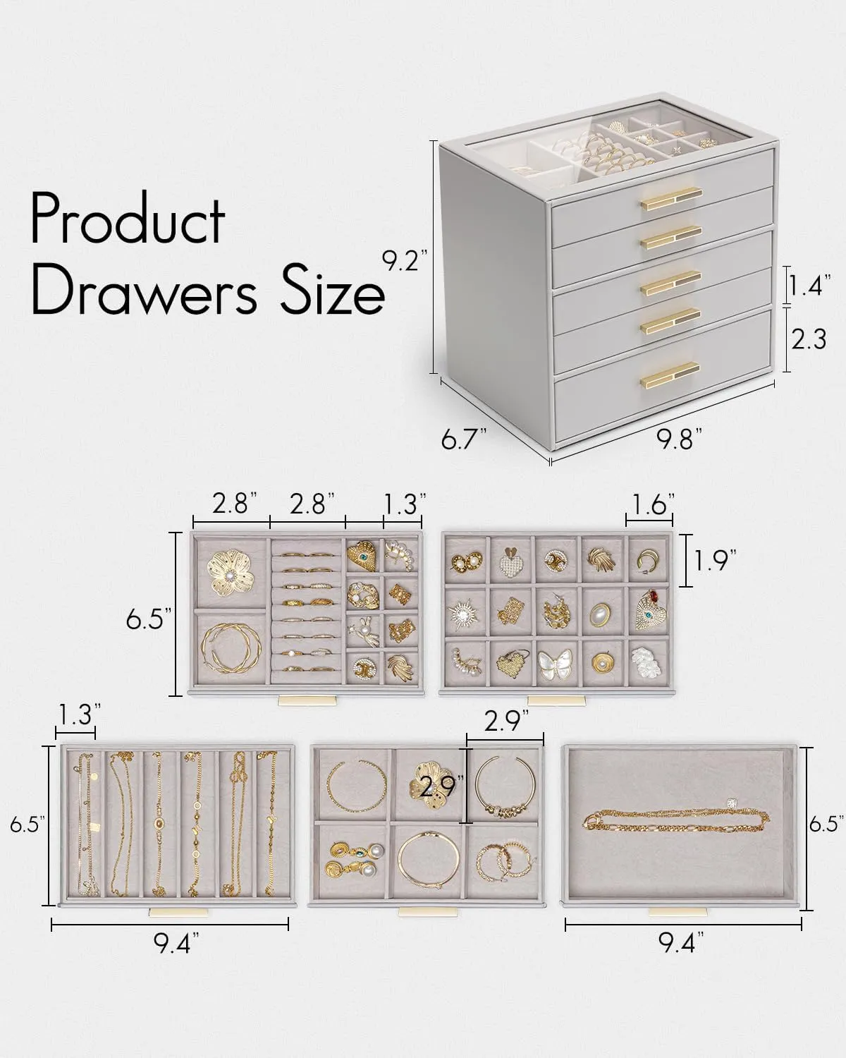 Vlando 5 Layer Jewelry Box for Women, Glass Lid Jewelry Organizer with 5 Drawers for Necklaces Rings Earrings Bracelets - Grey