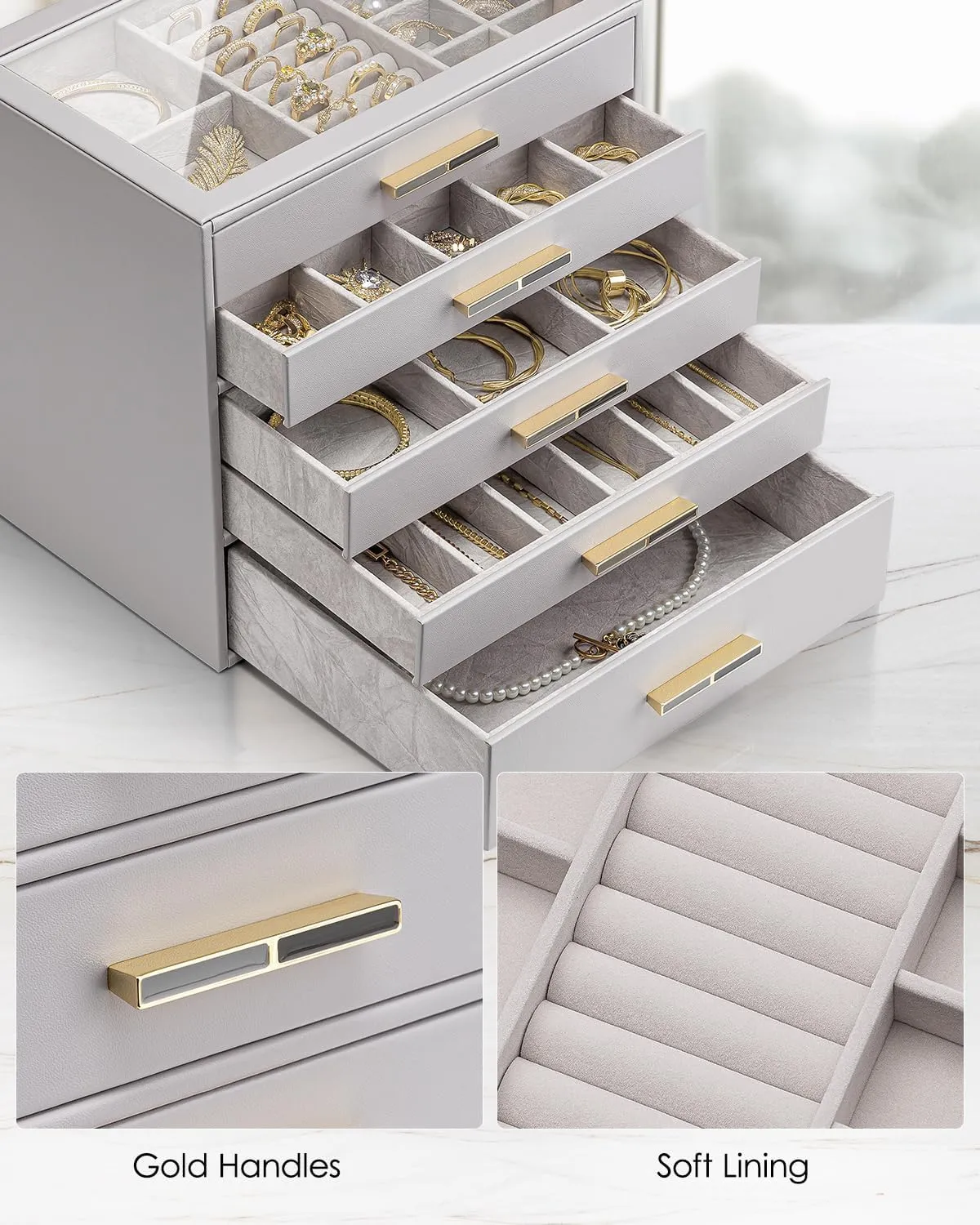 Vlando 5 Layer Jewelry Box for Women, Glass Lid Jewelry Organizer with 5 Drawers for Necklaces Rings Earrings Bracelets - Grey