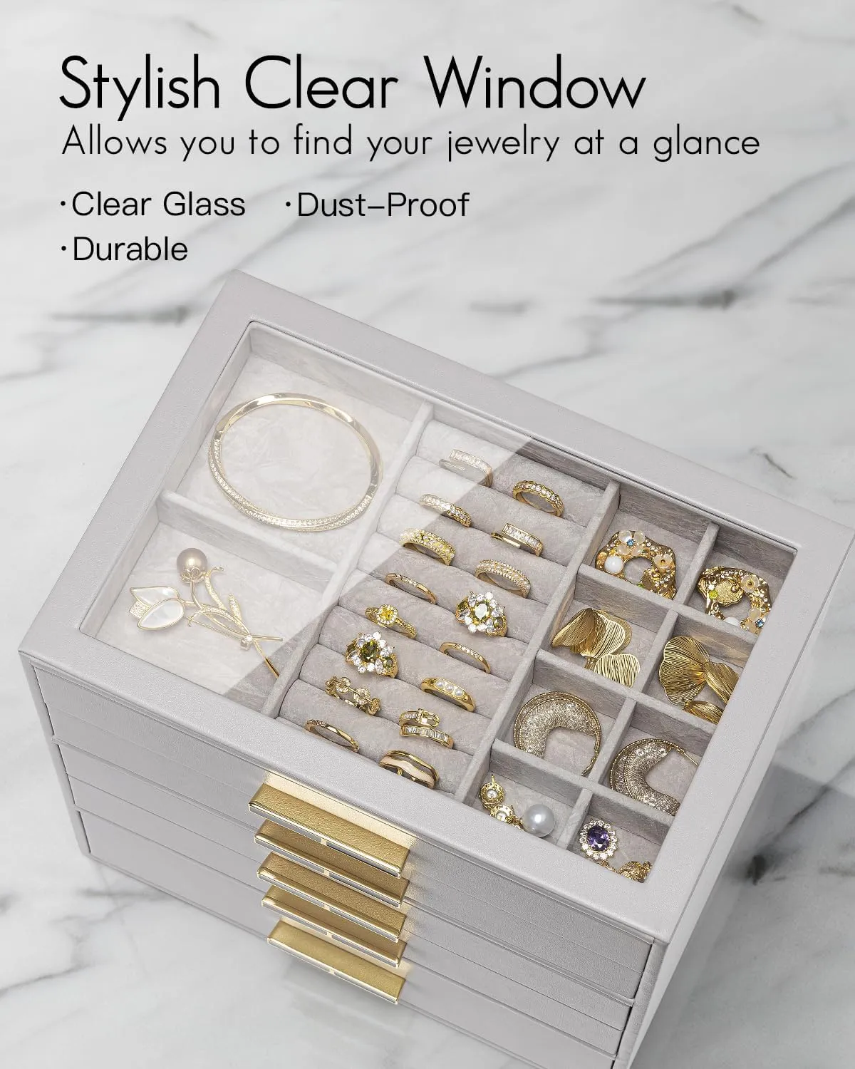 Vlando 5 Layer Jewelry Box for Women, Glass Lid Jewelry Organizer with 5 Drawers for Necklaces Rings Earrings Bracelets - Grey