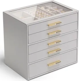 Vlando 5 Layer Jewelry Box for Women, Glass Lid Jewelry Organizer with 5 Drawers for Necklaces Rings Earrings Bracelets - Grey