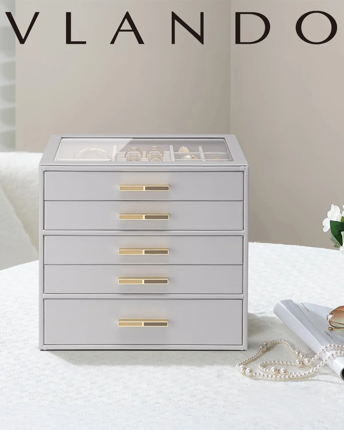 Vlando 5 Layer Jewelry Box for Women, Glass Lid Jewelry Organizer with 5 Drawers for Necklaces Rings Earrings Bracelets - Grey
