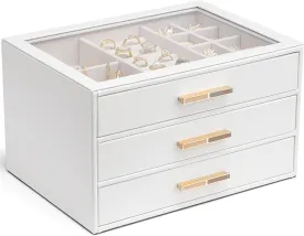 Vlando Jewelry Box for Women, Glass Lid Jewelry Organizer with 3 Drawers for Necklaces Rings Earrings Bracelets Christmas Gift - White