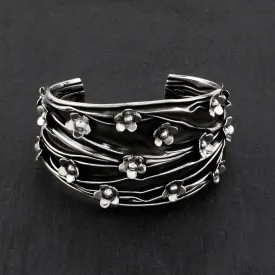 Wide Artisanal Sterling Silver Floral Cuff Bracelet