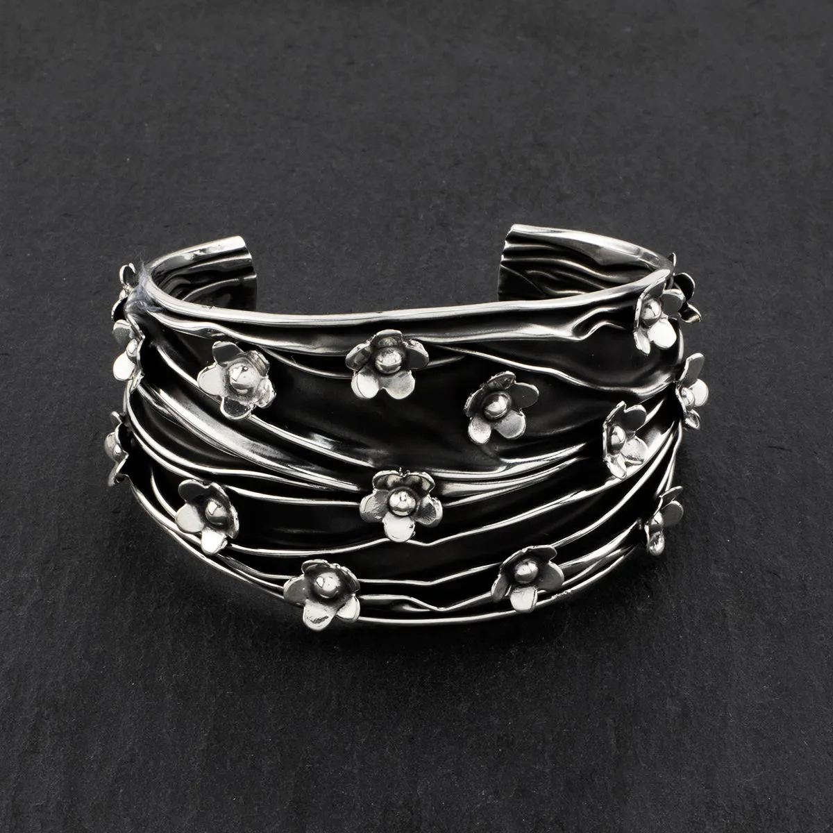 Wide Artisanal Sterling Silver Floral Cuff Bracelet