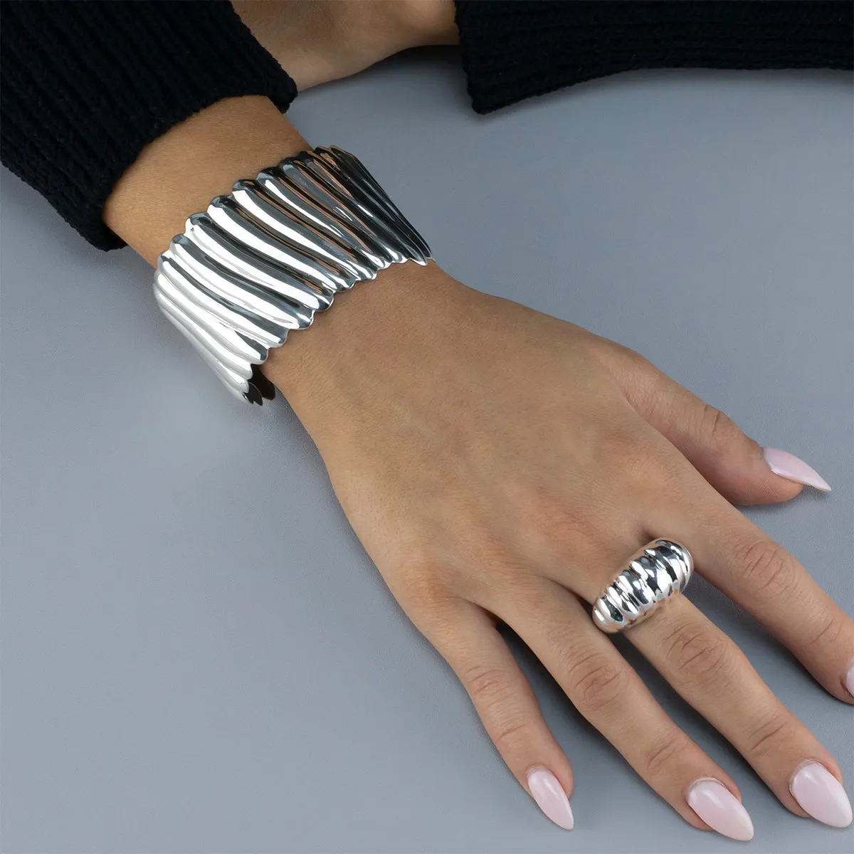 Wide Sterling Silver Sculpted Cuff Bracelet