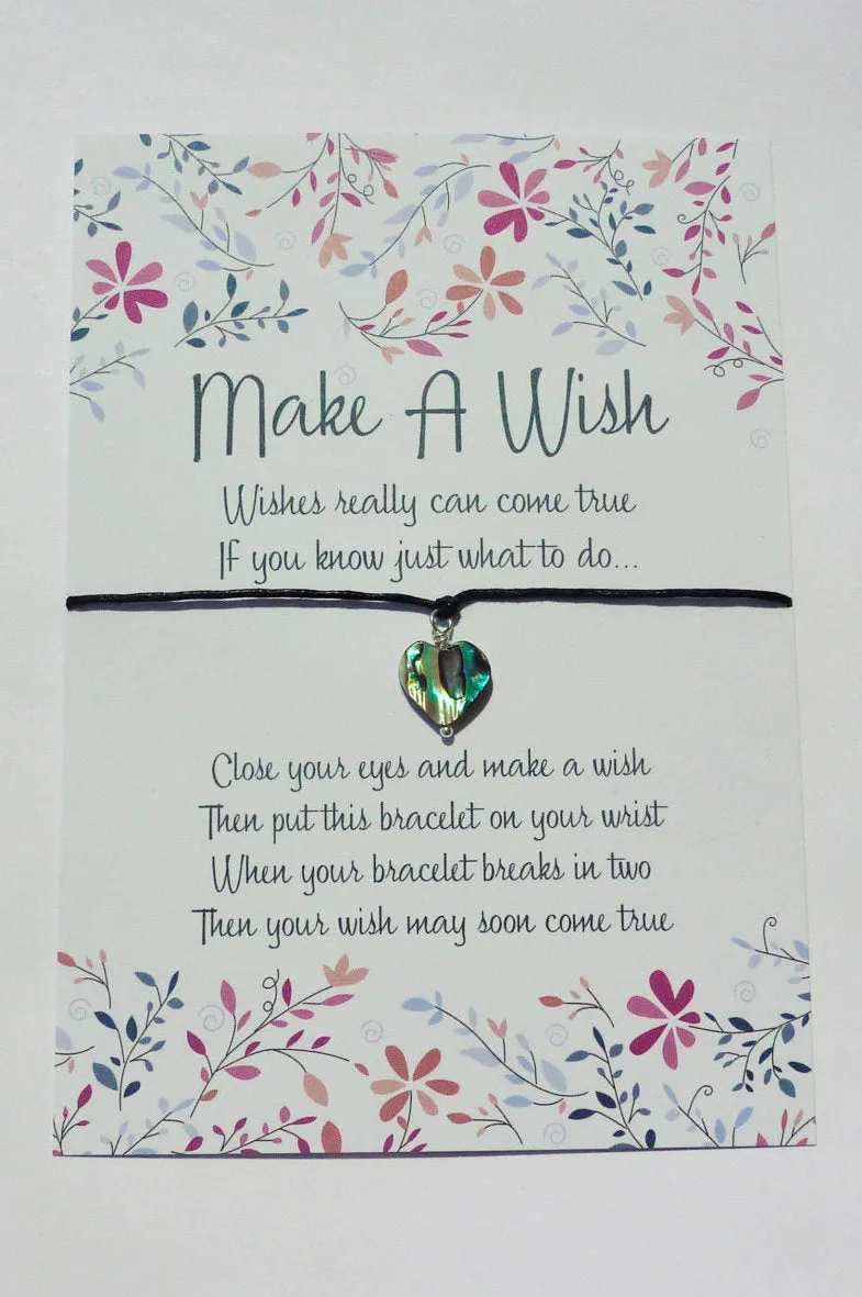 Wish Bracelet - Abalone Heart Charm. Paua Shell Heart Bracelet. String Bracelet.