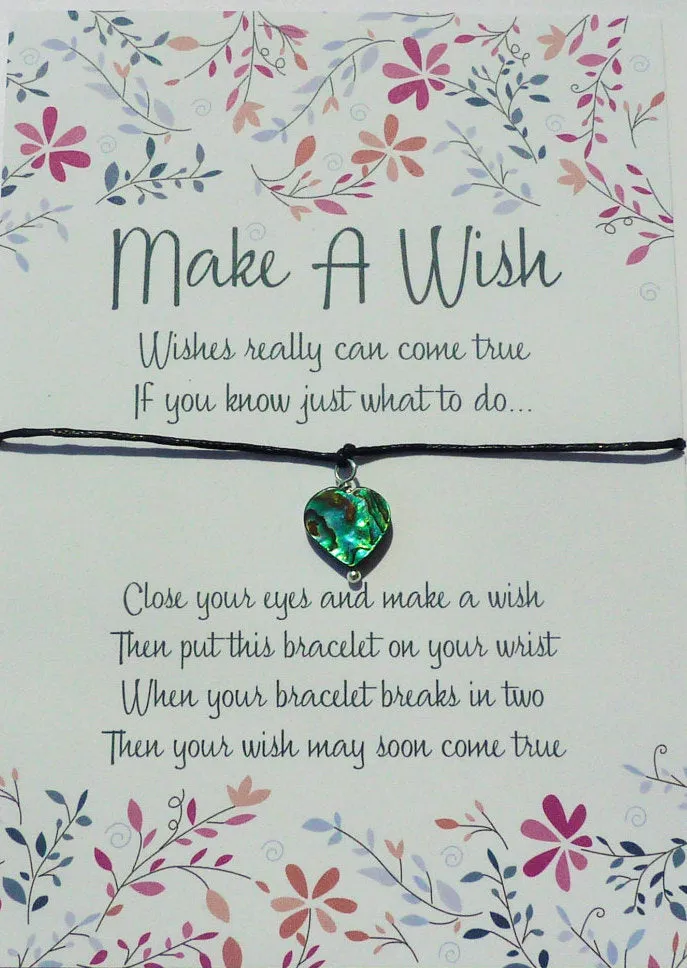 Wish Bracelet - Abalone Heart Charm. Paua Shell Heart Bracelet. String Bracelet.